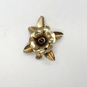 Vintage Rose Brooch Gold Tone Floral Brooch Leaf Accents Safety Clasp